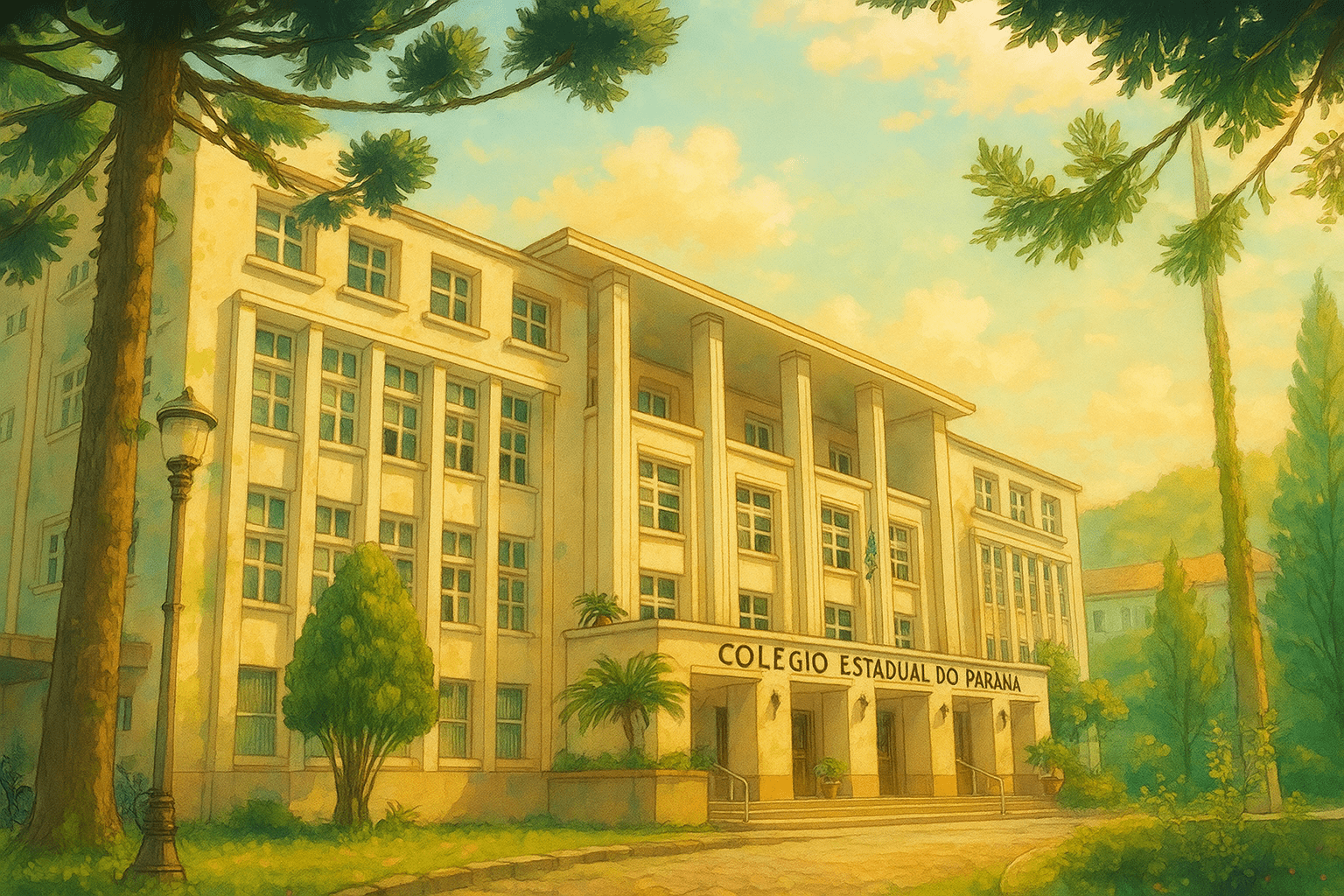 Escola moderna em Curitiba, fachada acolhedora, pais e filhos chegando para visita, banner de matrícula visível, cenário ensolarado com elementos de marketing escolar como cartazes, redes sociais em destaque em monitores, equipe da recepção sorridente