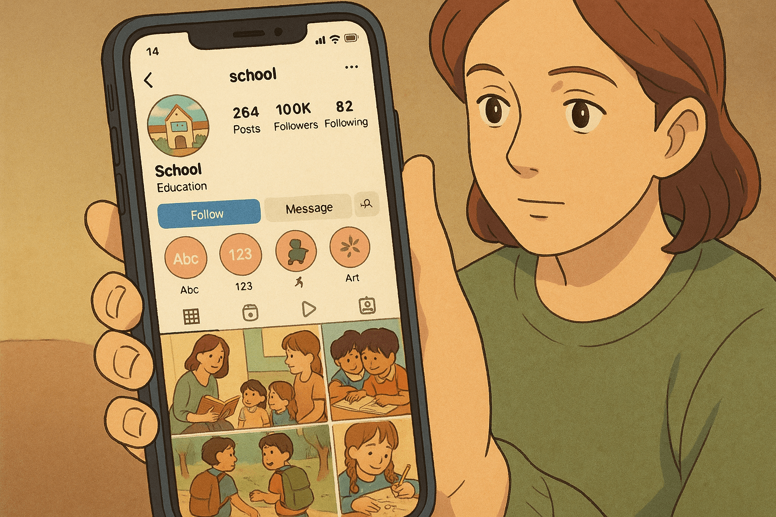 Celular em foco mostrando o perfil de Instagram de uma escola, com vídeos em destaque, stories ativos e estética acolhedora; ao fundo, mão de uma mãe segurando o celular com olhar atento